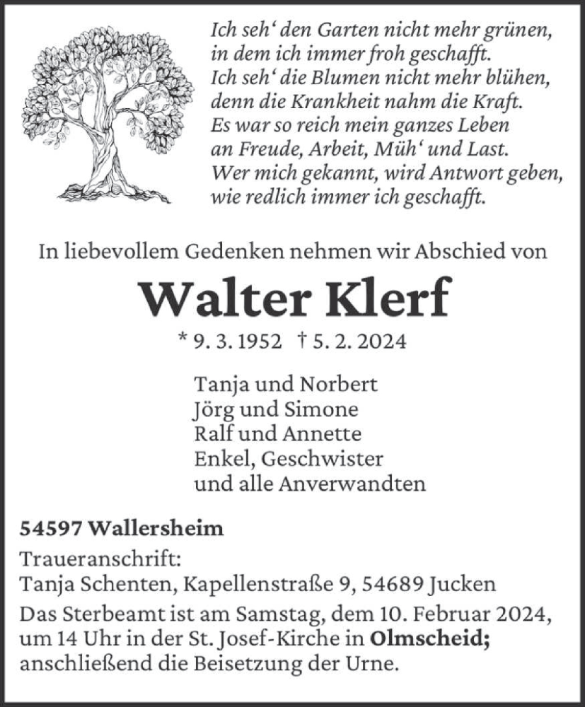  Traueranzeige für Walter Klerf vom 07.02.2024 aus trierischer_volksfreund