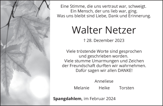 Traueranzeige von Walter Netzer von trierischer_volksfreund