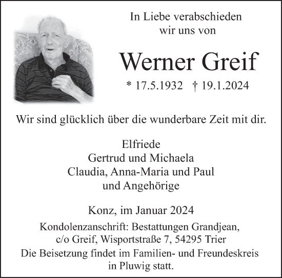 Traueranzeige von Werner Greif von trierischer_volksfreund