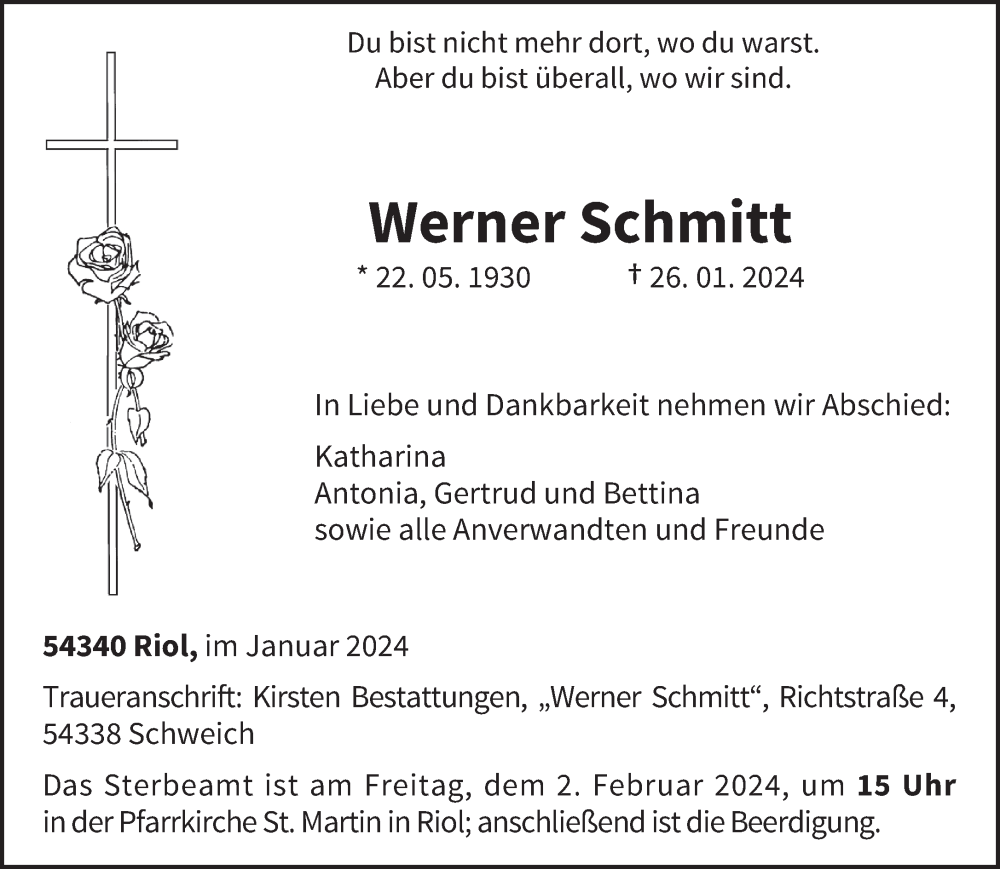  Traueranzeige für Werner Schmitt vom 31.01.2024 aus trierischer_volksfreund
