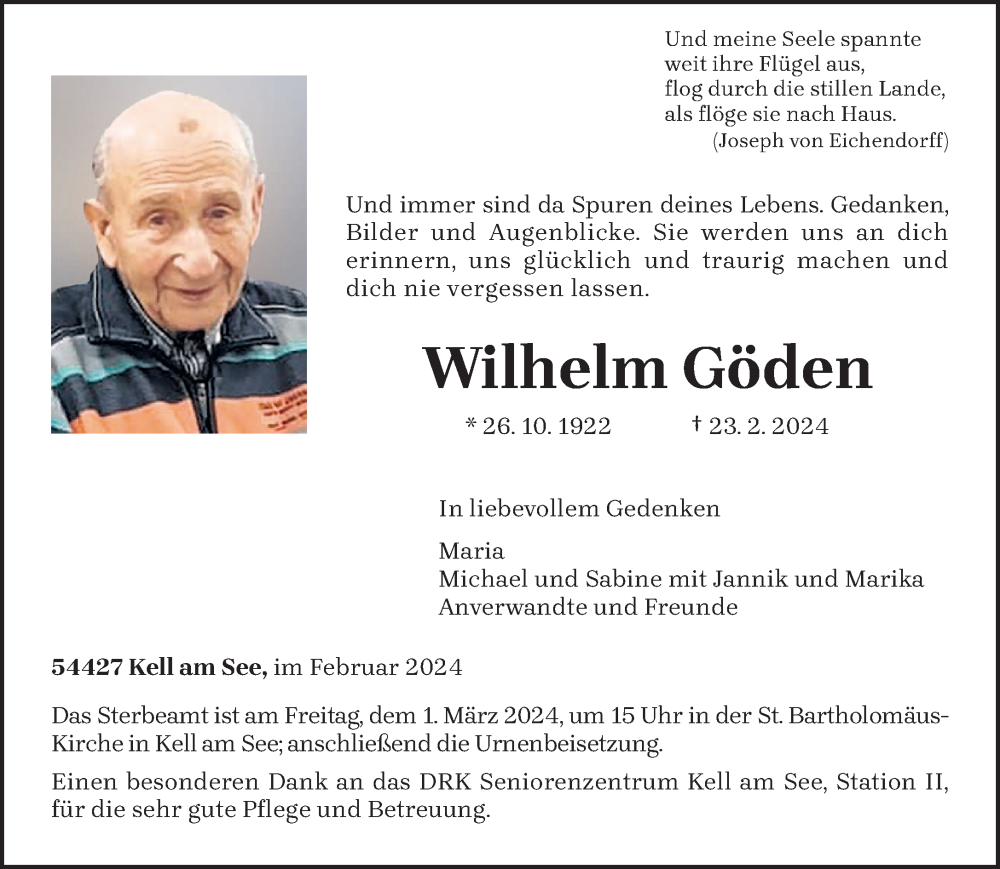  Traueranzeige für Wilhelm Göden vom 28.02.2024 aus trierischer_volksfreund