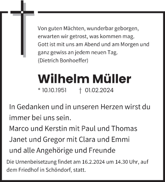 Traueranzeige von Wilhelm Müller von trierischer_volksfreund