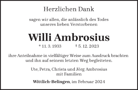 Traueranzeige von Willi Ambrosius von trierischer_volksfreund