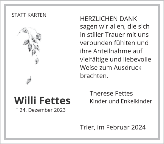 Traueranzeige von Willi Fettes von trierischer_volksfreund