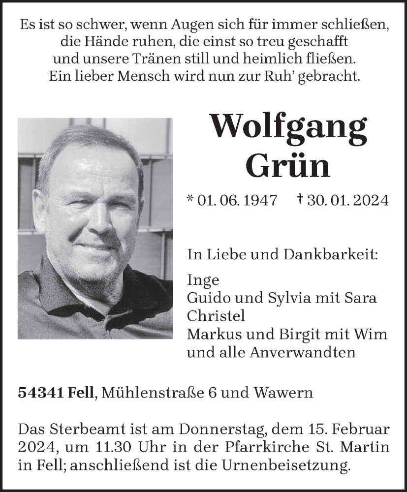  Traueranzeige für Wolfgang Grün vom 10.02.2024 aus trierischer_volksfreund