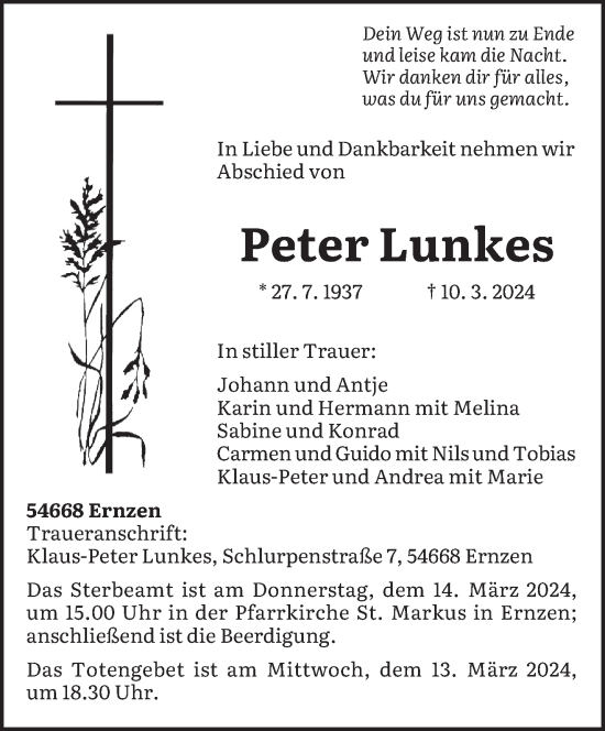 Traueranzeige von Peter Lunkes von TRIERISCHER_VOLKSFREUND