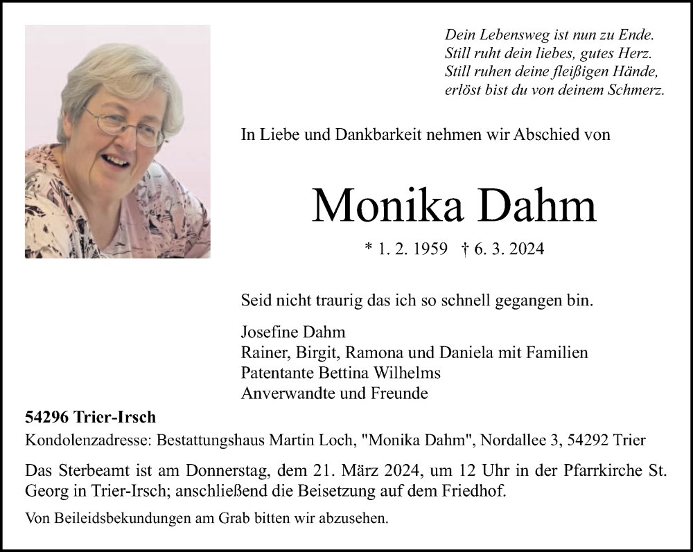  Traueranzeige für Monika Dahm vom 16.03.2024 aus TRIERISCHER_VOLKSFREUND
