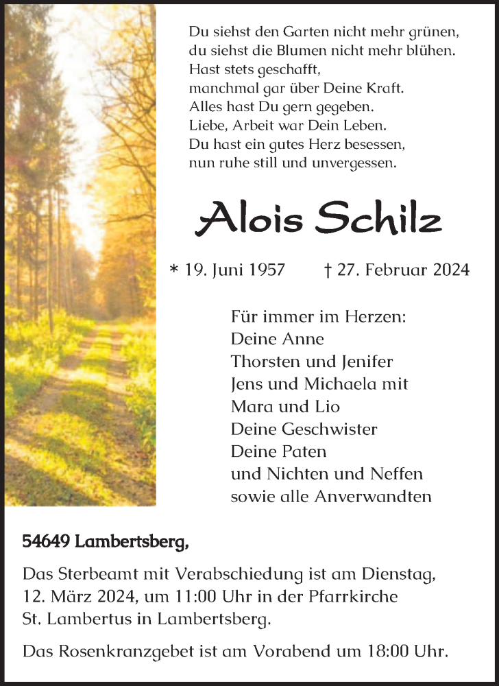  Traueranzeige für Alois Schilz vom 06.03.2024 aus trierischer_volksfreund