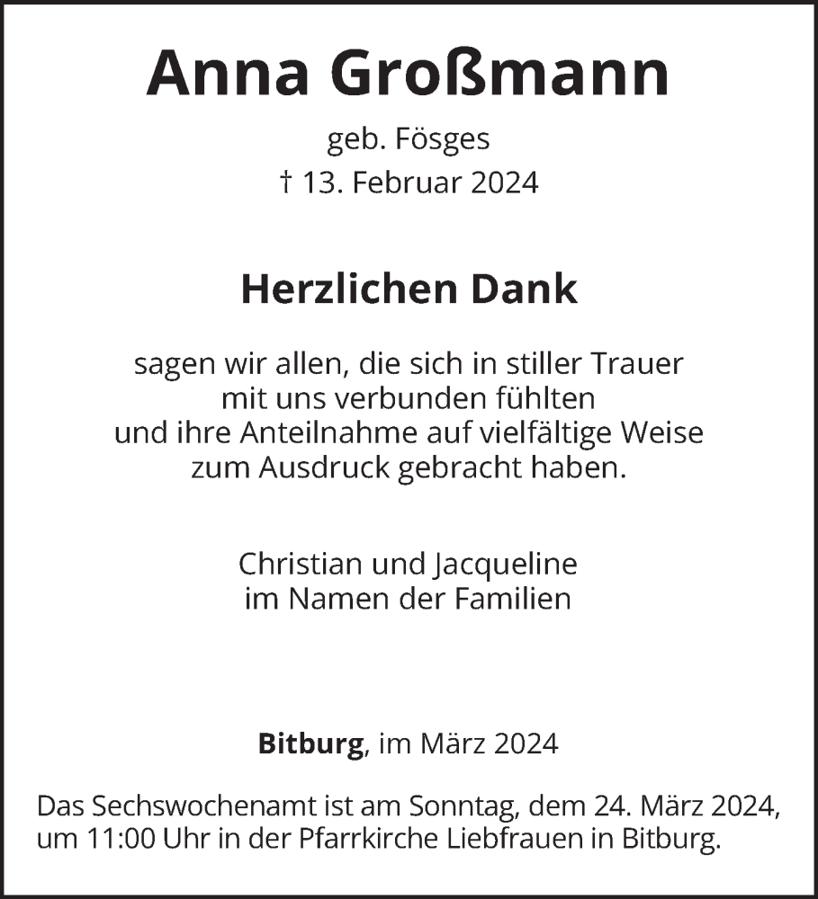  Traueranzeige für Anna Großmann vom 23.03.2024 aus trierischer_volksfreund
