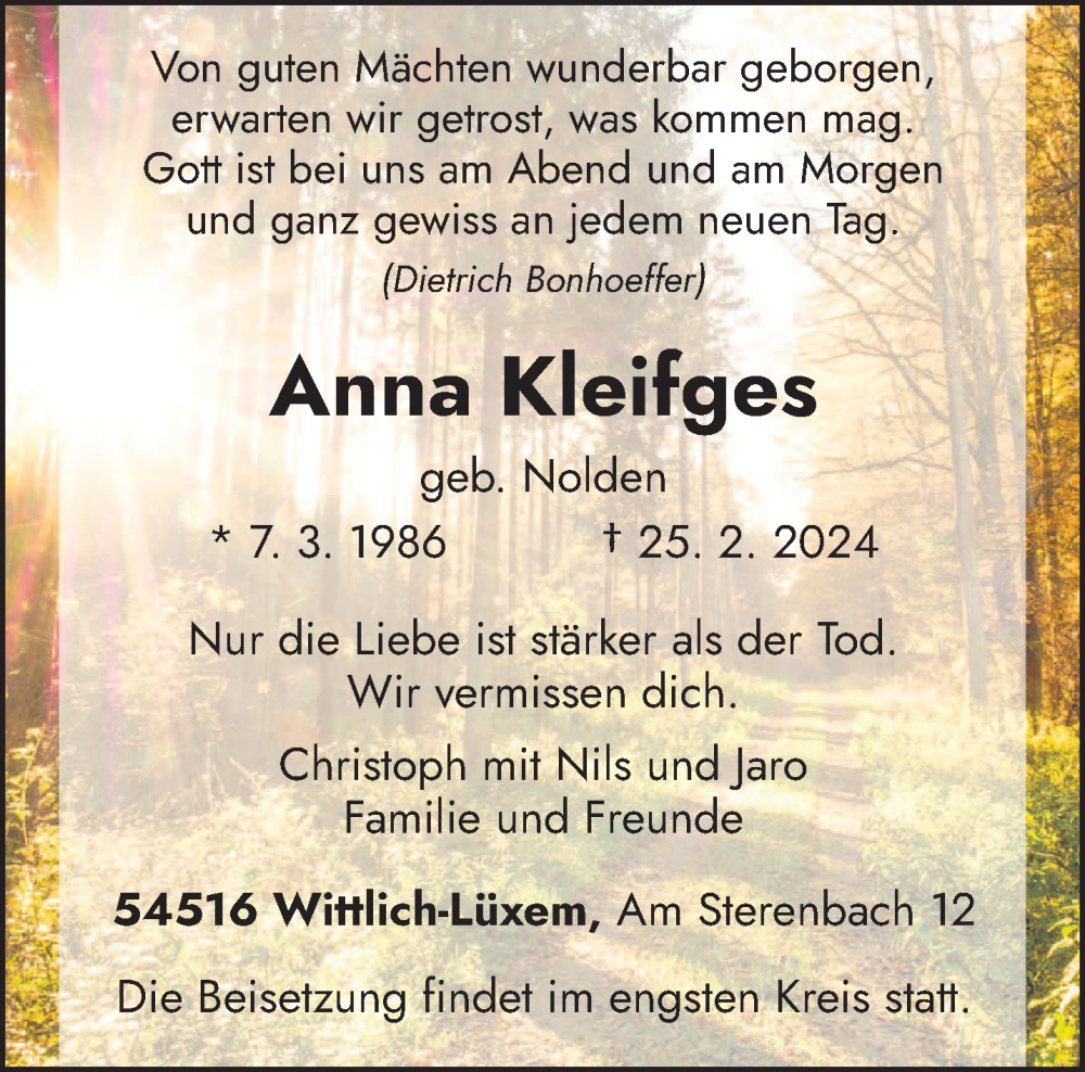  Traueranzeige für Anna Kleifges vom 02.03.2024 aus trierischer_volksfreund