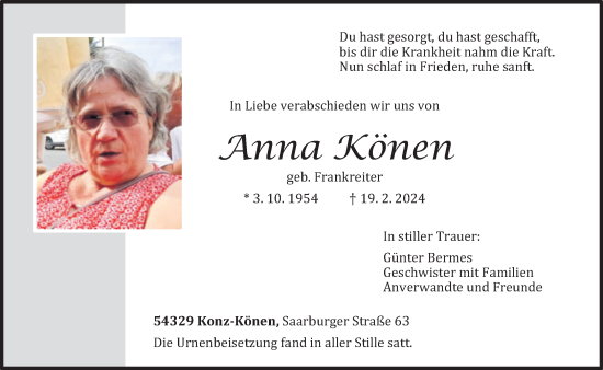Traueranzeige von Anna Könen von trierischer_volksfreund