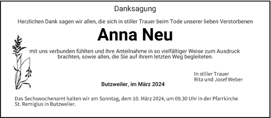 Traueranzeige von Anna Neu von trierischer_volksfreund