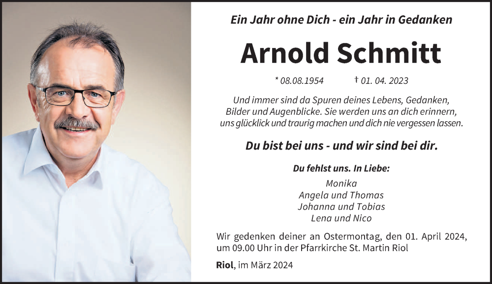  Traueranzeige für Arnold Schmitt vom 23.03.2024 aus trierischer_volksfreund