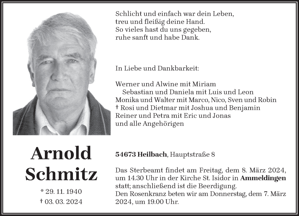  Traueranzeige für Arnold Schmitz vom 06.03.2024 aus trierischer_volksfreund