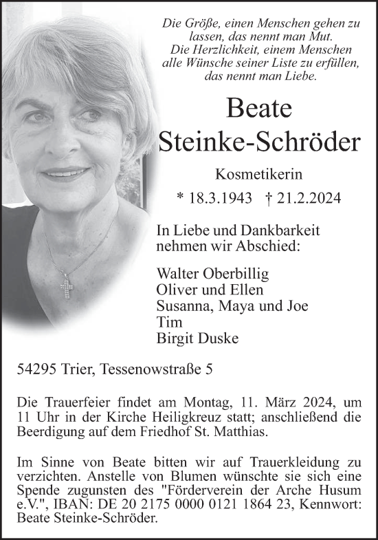 Traueranzeige von Beate Steinke-Schröder von trierischer_volksfreund