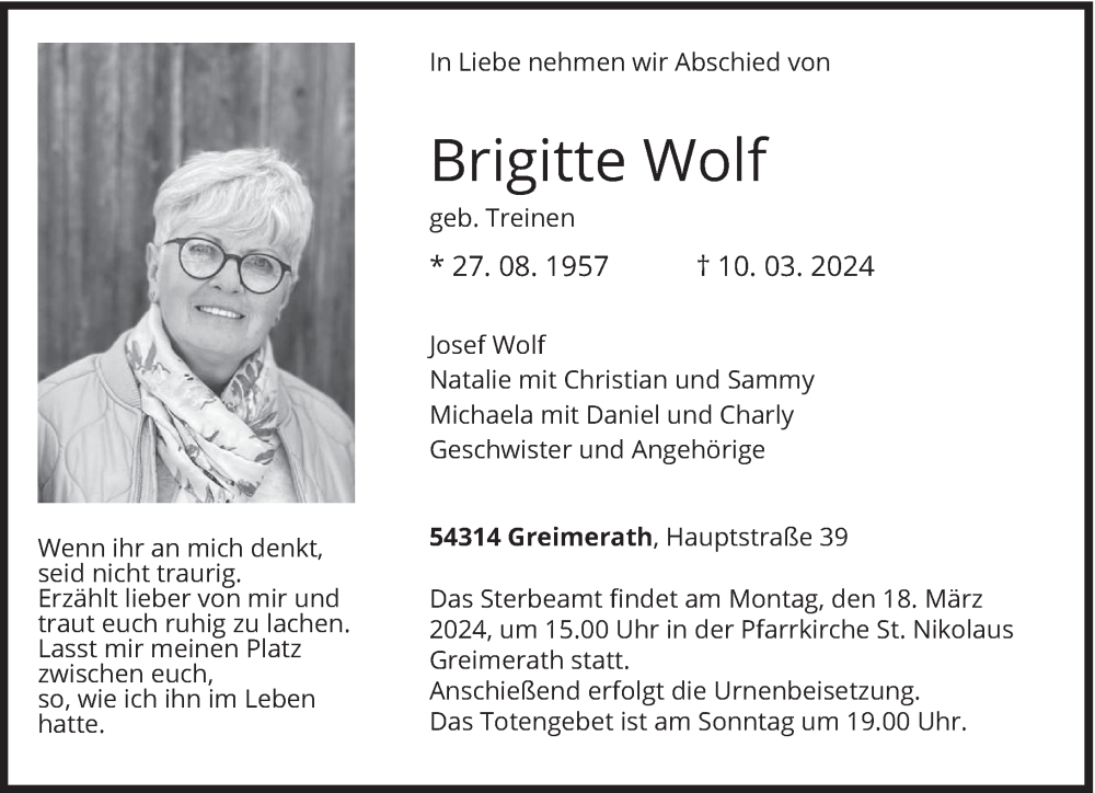  Traueranzeige für Brigitte Wolf vom 14.03.2024 aus trierischer_volksfreund