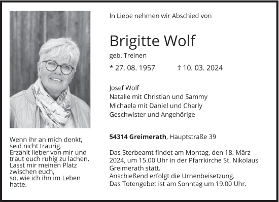 Traueranzeige von Brigitte Wolf von trierischer_volksfreund