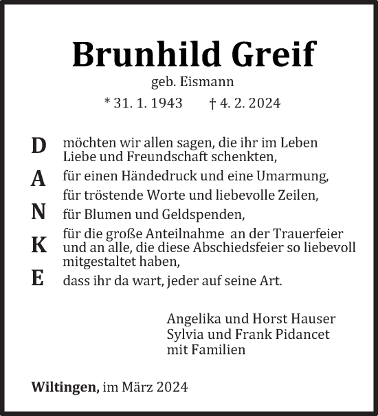 Traueranzeige von Brunhild Greif von trierischer_volksfreund