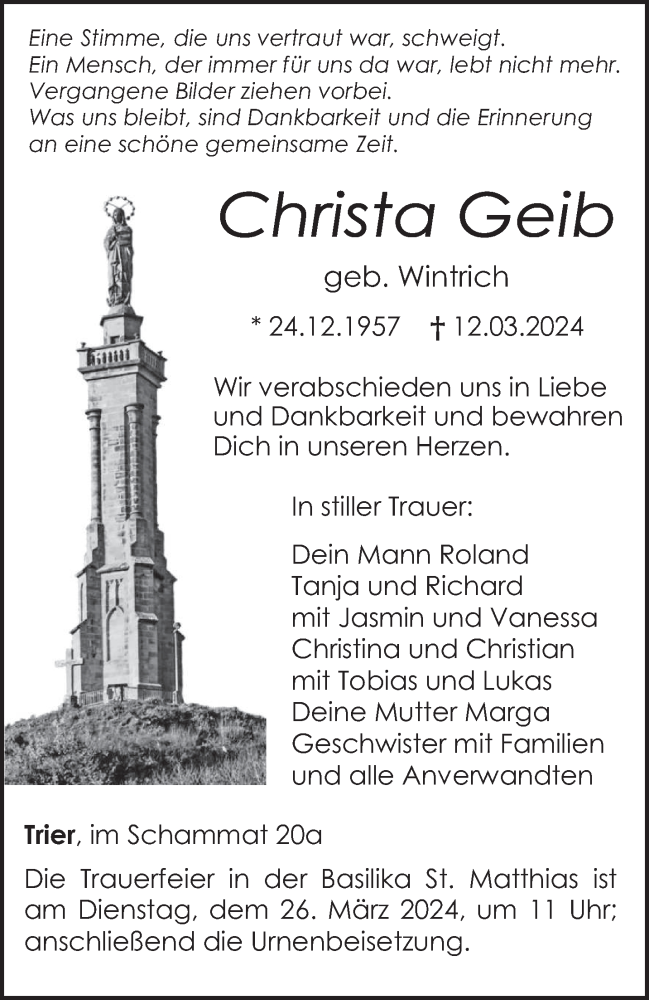  Traueranzeige für Christa Geib vom 20.03.2024 aus trierischer_volksfreund
