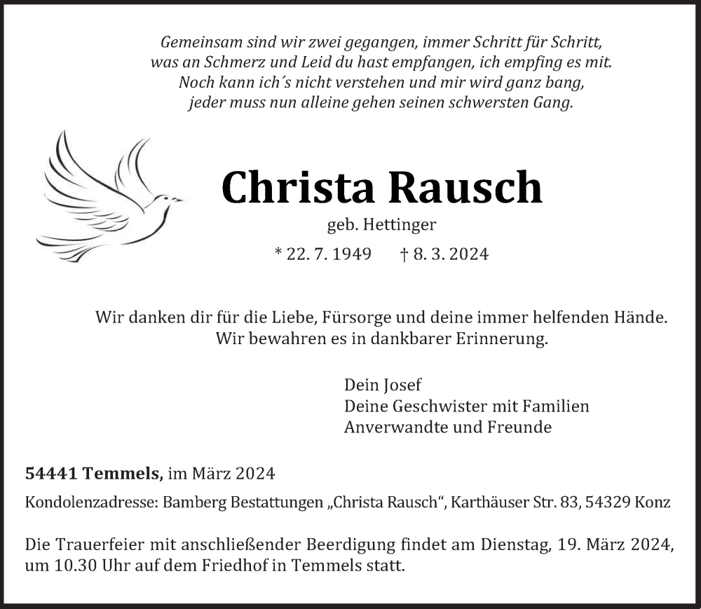  Traueranzeige für Christa Rausch vom 14.03.2024 aus trierischer_volksfreund