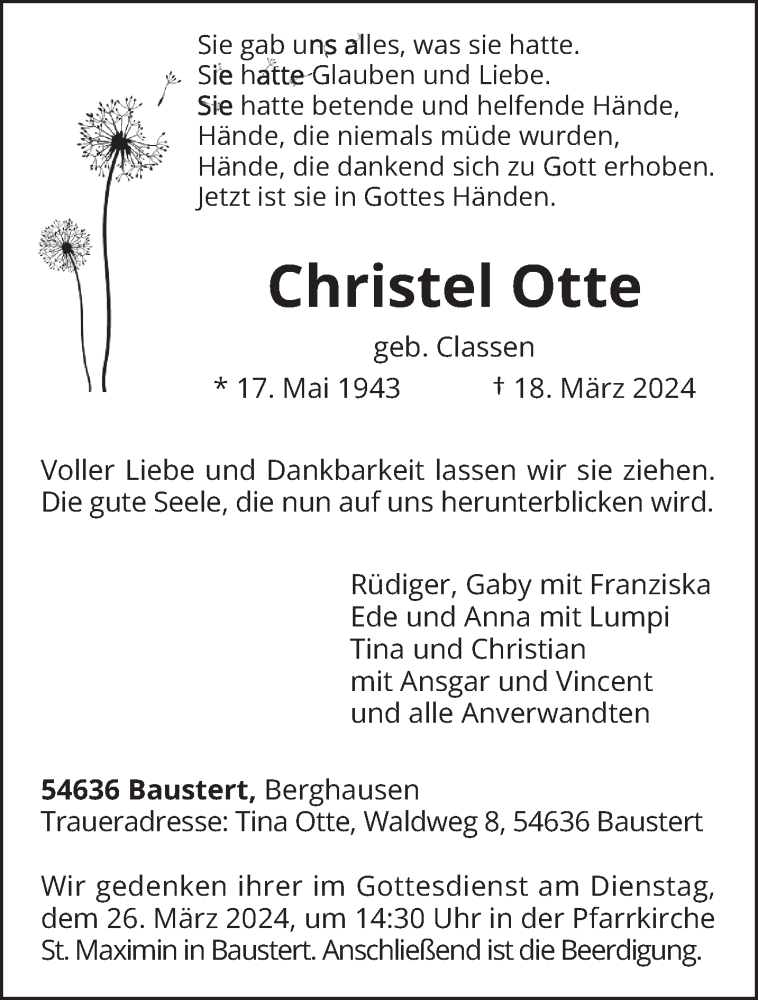  Traueranzeige für Christel Otte vom 20.03.2024 aus trierischer_volksfreund