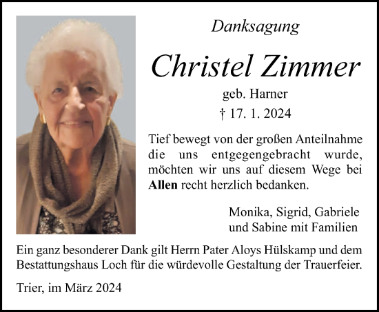 Traueranzeige von Christel Zimmer von trierischer_volksfreund