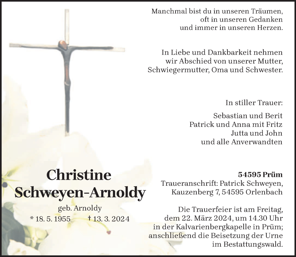 Traueranzeige für Christine Schweyen-Arnoldy vom 18.03.2024 aus trierischer_volksfreund