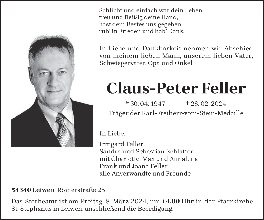  Traueranzeige für Claus-Peter Feller vom 02.03.2024 aus trierischer_volksfreund
