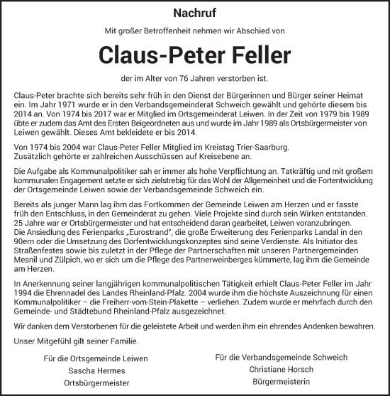 Traueranzeige von Claus-Peter Feller von trierischer_volksfreund