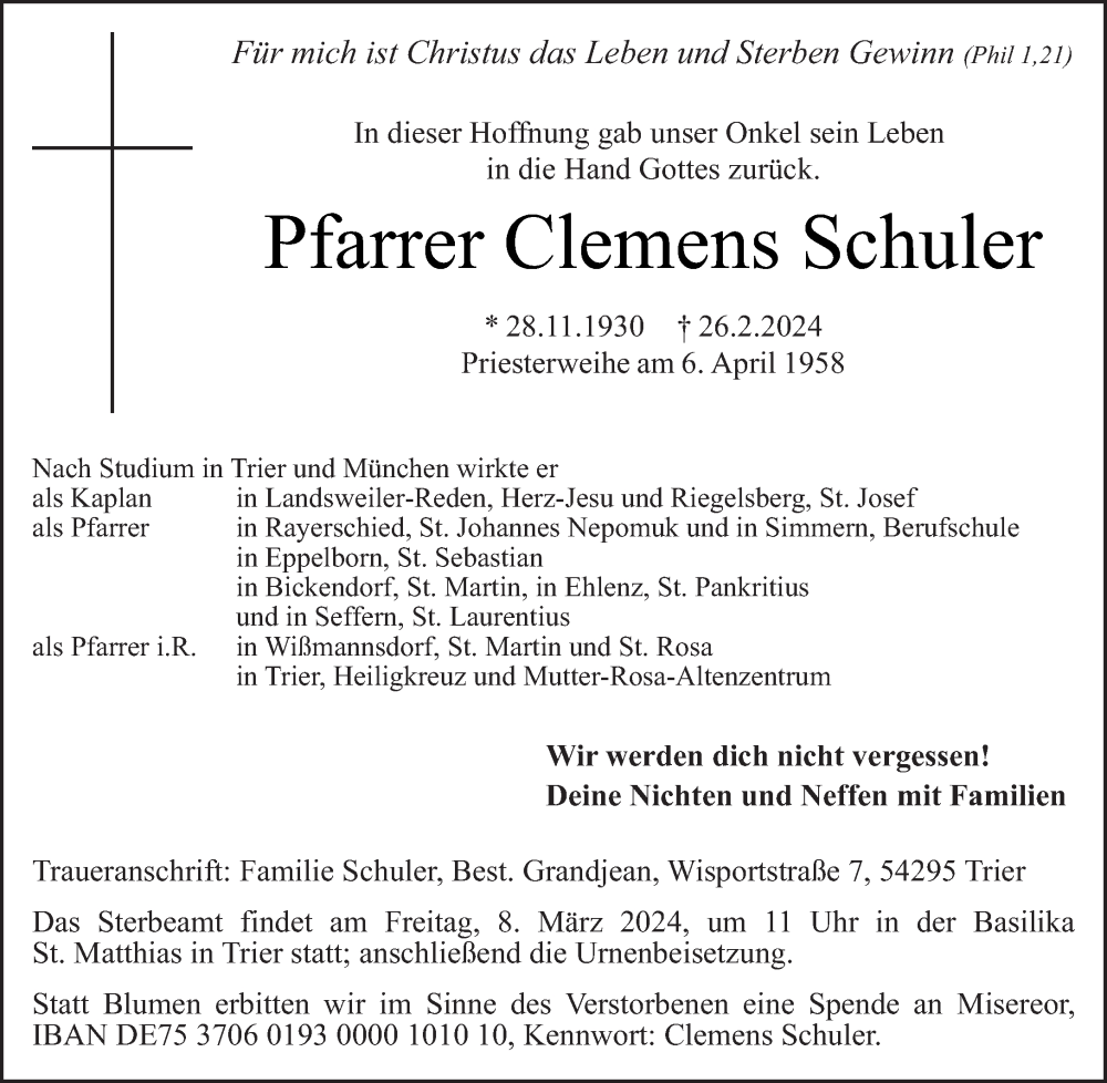  Traueranzeige für Clemens Schuler vom 02.03.2024 aus trierischer_volksfreund