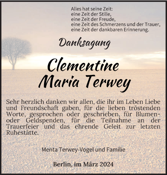 Traueranzeige von Clementine Maria Terwey von trierischer_volksfreund