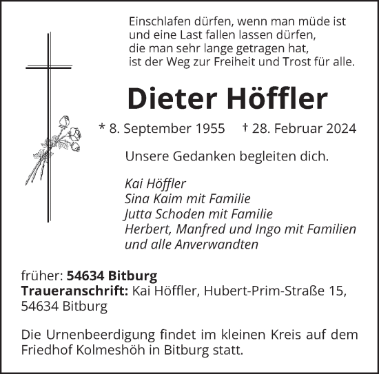 Traueranzeige von Dieter Höffler von trierischer_volksfreund