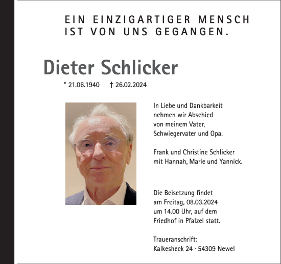 Traueranzeige von Dieter Schlicker von trierischer_volksfreund