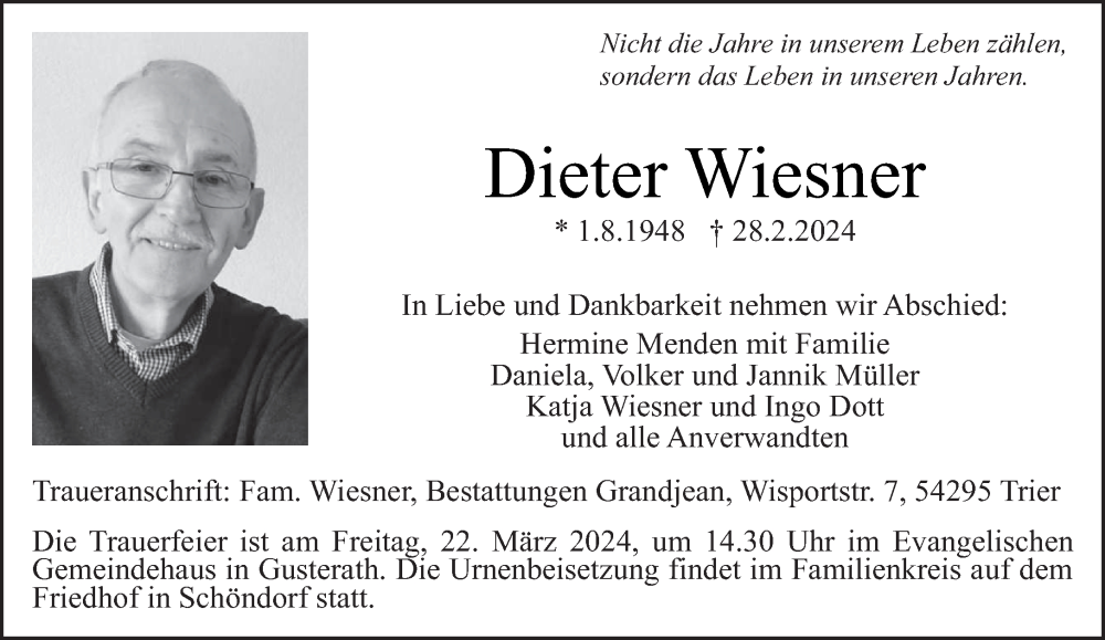  Traueranzeige für Dieter Wiesner vom 16.03.2024 aus trierischer_volksfreund