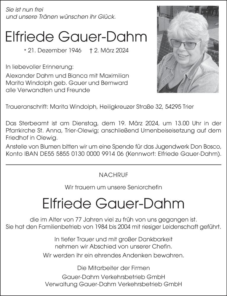  Traueranzeige für Elfriede Gauer-Dahm vom 13.03.2024 aus trierischer_volksfreund