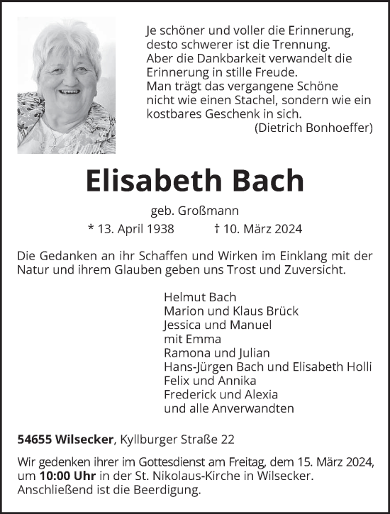 Traueranzeige von Elisabeth Bach von trierischer_volksfreund