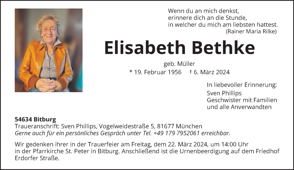  Traueranzeige für Elisabeth Bethke vom 09.03.2024 aus trierischer_volksfreund