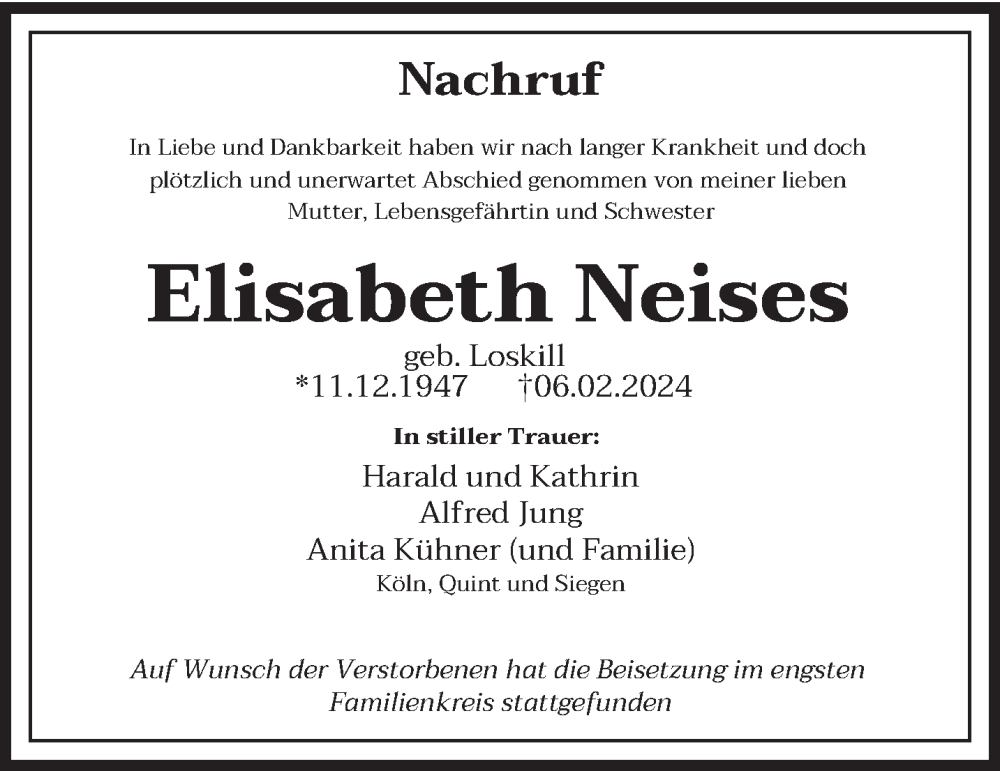  Traueranzeige für Elisabeth Neises vom 02.03.2024 aus trierischer_volksfreund