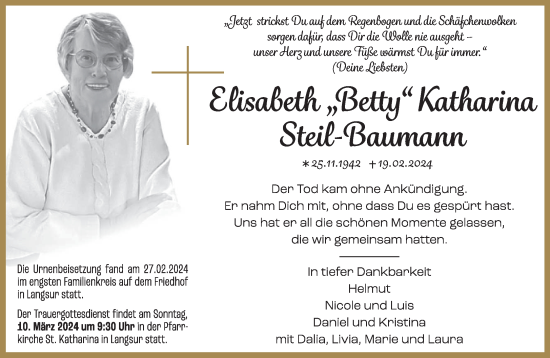 Traueranzeige von Elisabeth Katharina Steil-Baumann von trierischer_volksfreund