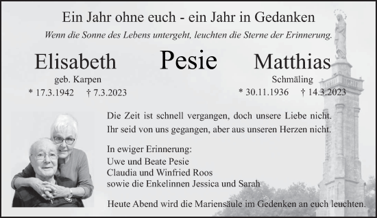 Traueranzeige von Elisabeth und Matthias Pesie von trierischer_volksfreund