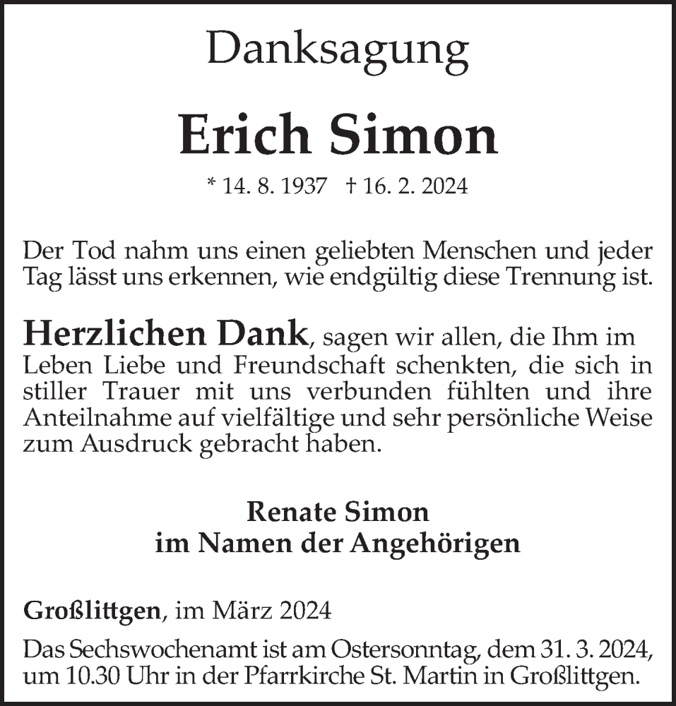  Traueranzeige für Erich Simon vom 23.03.2024 aus trierischer_volksfreund