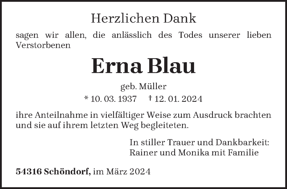  Traueranzeige für Erna Blau vom 23.03.2024 aus trierischer_volksfreund