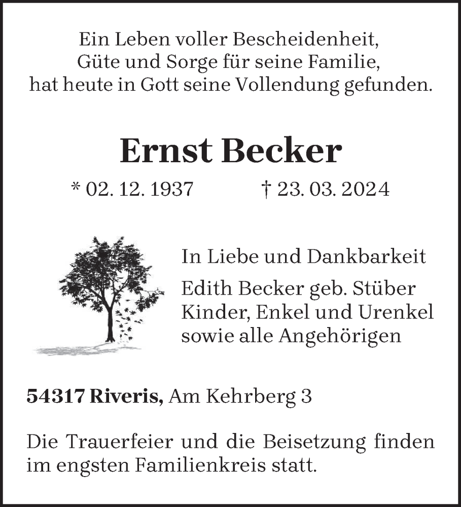  Traueranzeige für Ernst Becker vom 30.03.2024 aus trierischer_volksfreund