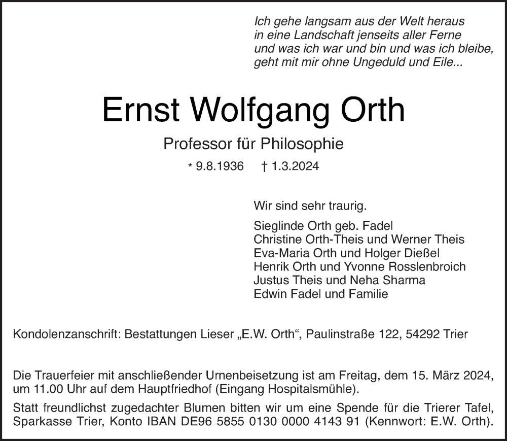  Traueranzeige für Ernst Wolfgang Orth vom 09.03.2024 aus trierischer_volksfreund