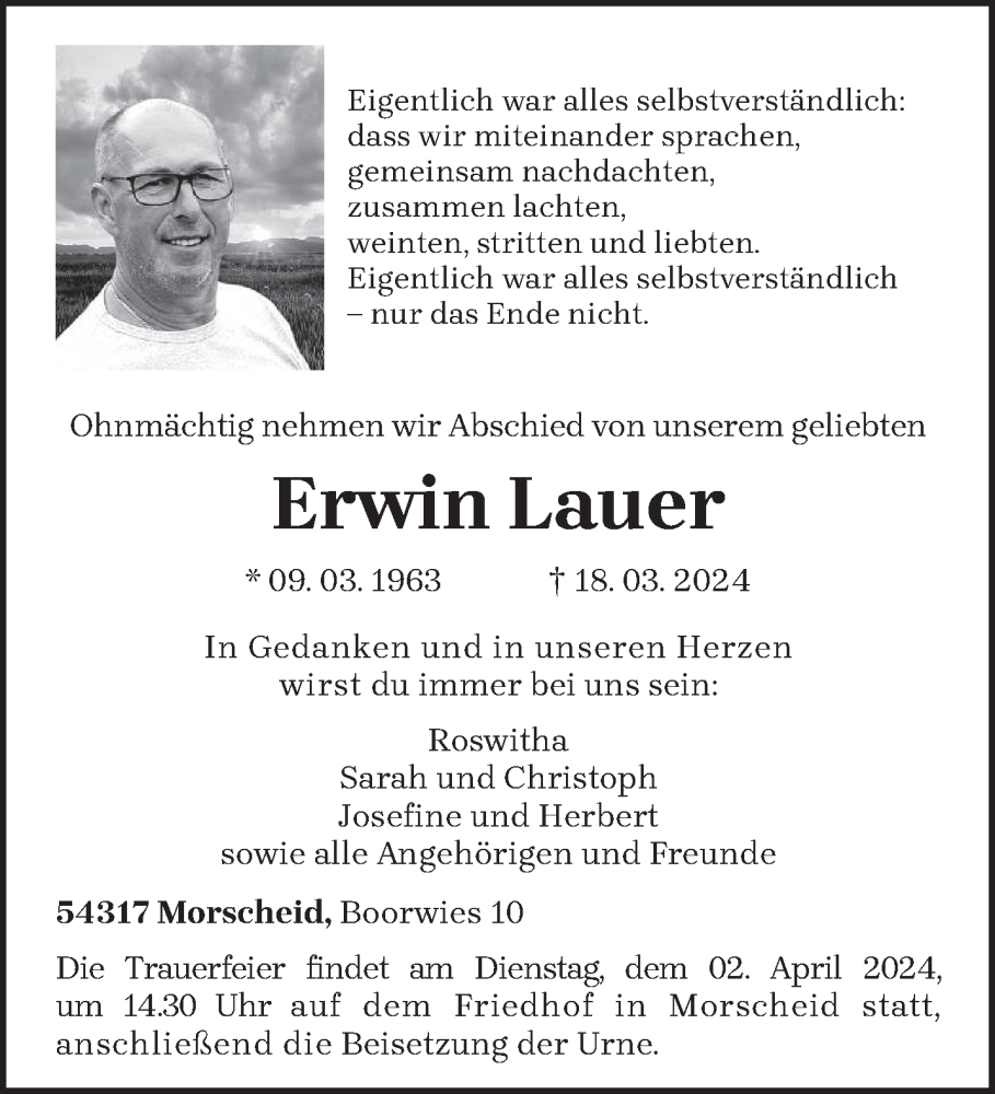  Traueranzeige für Erwin Lauer vom 27.03.2024 aus trierischer_volksfreund