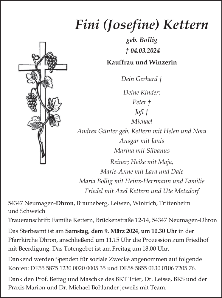 Traueranzeige für Fini Kettern vom 06.03.2024 aus trierischer_volksfreund