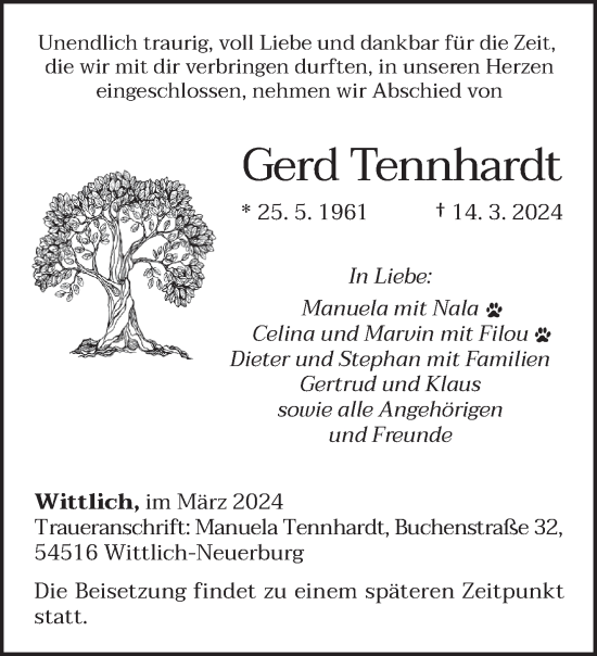 Traueranzeige von Gerd Tennhardt von trierischer_volksfreund