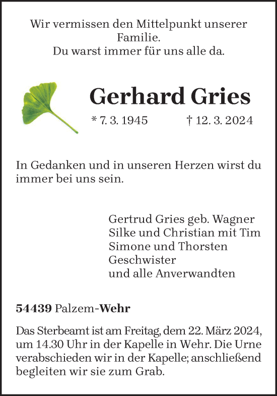 Traueranzeige von Gerhard Gries von trierischer_volksfreund