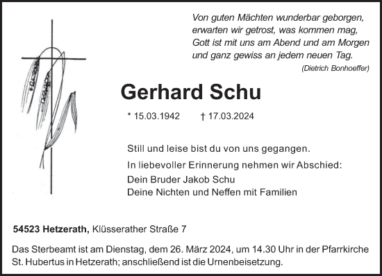 Traueranzeige von Gerhard Schu von trierischer_volksfreund
