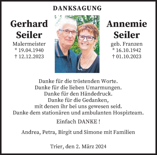 Traueranzeige von Gerhard und Annemie Seiler von trierischer_volksfreund